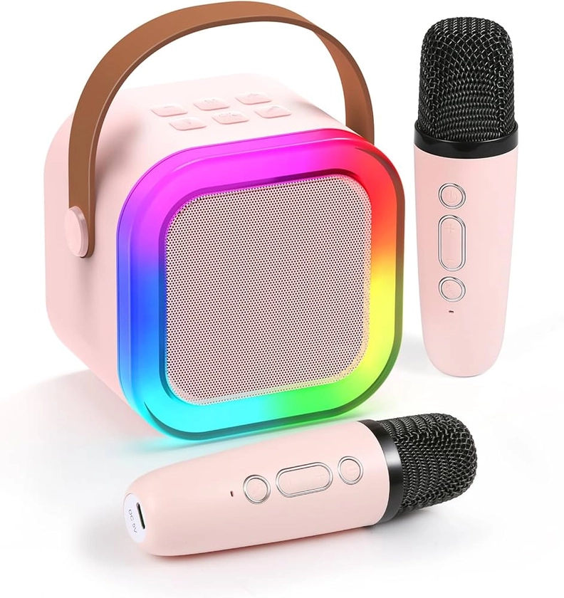 Fede Karaoke Machines for Kids Adults, Mini Karaoke Machine with 2 Wireless Microphones, Portable Bluetooth Speaker with Voice Changing Effects & LED Lights, Best Gifts Toys for Girls and Boys Pink