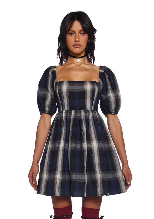 Delia's Plaid Puff Sleeve Babydoll Dress - Blue