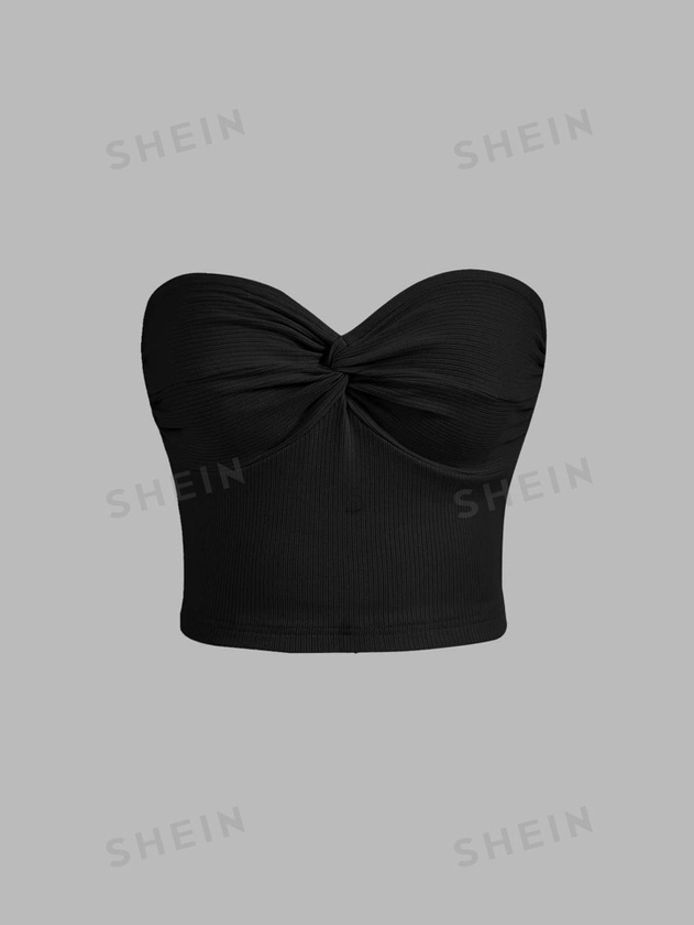 SHEIN MOD Black Summer Tops Twist Front Ribbed Knit Tube Top