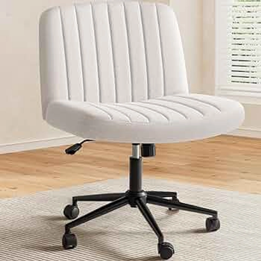 Shahoo Criss Cross Legged Chair with Wheels, Armless Swivel Wide Padded Height Adjustable Fabric Home Office, Beige