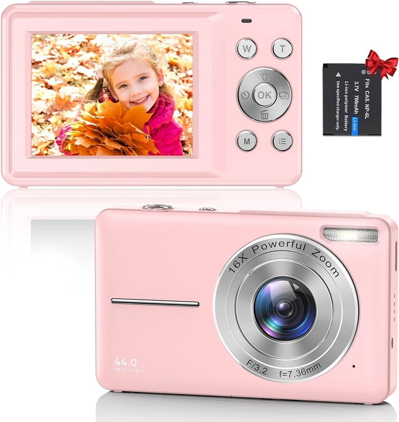 Appareil Photo Numérique Compact - 1080P HD 44MP Caméra, 2,4" LCD Rechargeables Appareil Photo Enfant avec 16X Digital Zoom pour Enfant, Adolescent, Étudiant, Adulte, Débutant (Rose)
