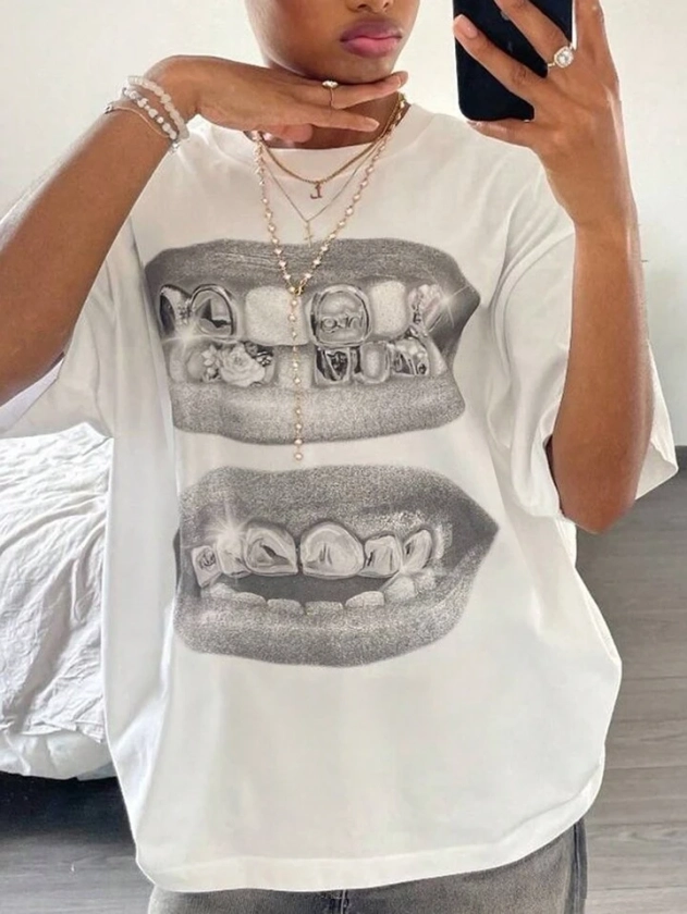 SHEIN EZwear Summer Casual Loose Dropped Shoulder Mouth Print T-Shirt