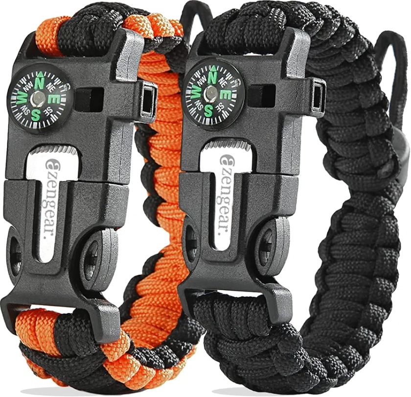 aZengear Paracord Survival Bracelet (2 Pack) | Flint Steel Fire Starter, Compass, Whistle,Hiking Accessories, Wild Camping Equipment Kit, Bushcraft, Emergency (Black and Orange)