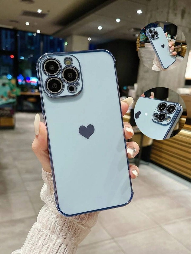 1pc Tpu Phone Case With Electroplated Heart Design And Raised Camera Protection, Suitable Compatible With Samsung And Apple Models, Different Reflection With Different Lighting