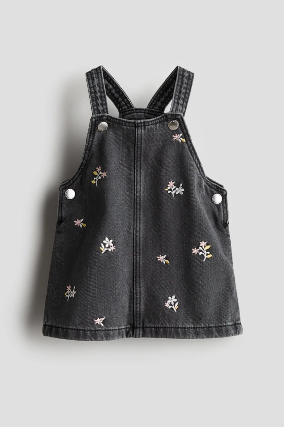 Robe salopette en denim de coton - Encolure carrée - Sans manches - Gris foncé/fleuri - ENFANT | H&M FR