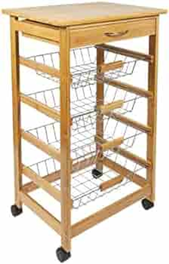 Woodluv Bamboo Kitchen Storage Trolley Cart with Drawer & Wire Storage Basket