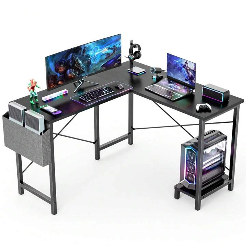 Sweetcrispy L Shaped Computer Desk - Gaming Corner 50 Inch Office Writing PC Wooden Table With CPU Storage Shelf & Side Bag For Home Office Bedroom Small Space