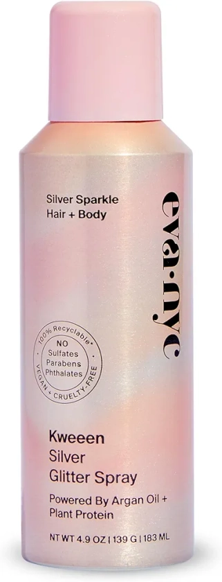 Eva NYC Kweeen Silver Body and Hair Glitter Spray for Shimmer, Washable Glitter Hairspray for Any Party Look, 4.9 oz