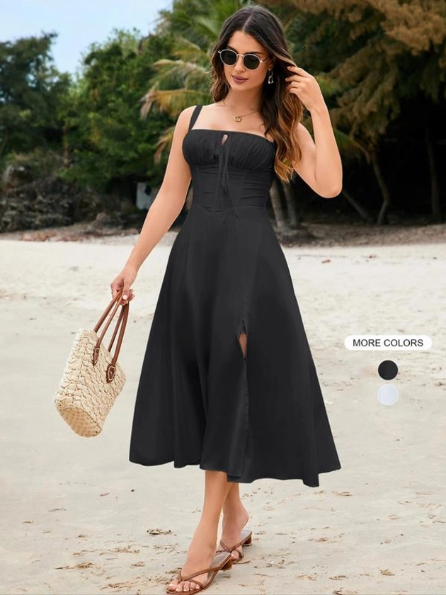 Women's Plain Lace Up Ruched Split Thigh Tie Front Dress, Elegant Comfort Adjustable Strap Square Neck Midi A Line Dress for Party Holiday Wedding Guest, Ladies Summer Clothes, Casual Lady Outfit