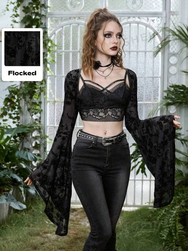 ROMWE Goth con estampado floral de manga amplia de malla sin top de tirantes