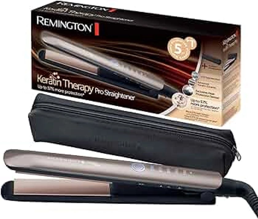 Remington Lisseur Cheveux [Innovation: Capteur de Protection contre la chaleur] Keratin Therapy (Soin Kératine & Huile d'Amande, Céramique, Ecran LCD, 160-230°C, pochette) Fer à lisser S8593