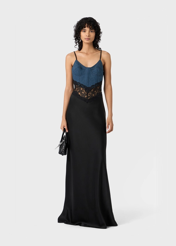 Satin Long Dress With Denim And Lace Inserts | Blumarine 