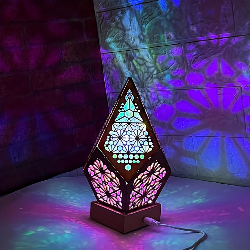 Wooden Bohemian Floor Lamp, USB Charging Hollow Geometric Colorful Lamp Retro Bohemian Light Lamp, LED Colorful Diamond Lights 3D Projection Night Lam