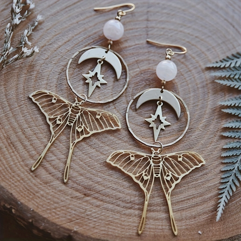 Hollow Exquisite Moth Moon Star Design Dangle Earrings With Quartz Decor Copper Jewelry Bohemian Style Trendy Female Gift