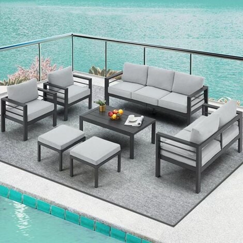 YODOLLA Aluminum Garden Furniture Set with Ottomans 7-Piece Garden Aluminum Conversation Set,for Balcony, Garden, Grey
