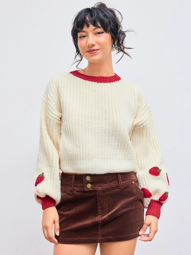 Countryside Core Knit Fabric Knitted Round Neckline Strawberry Contrasting Binding Crop Sweater For School Daily Casual