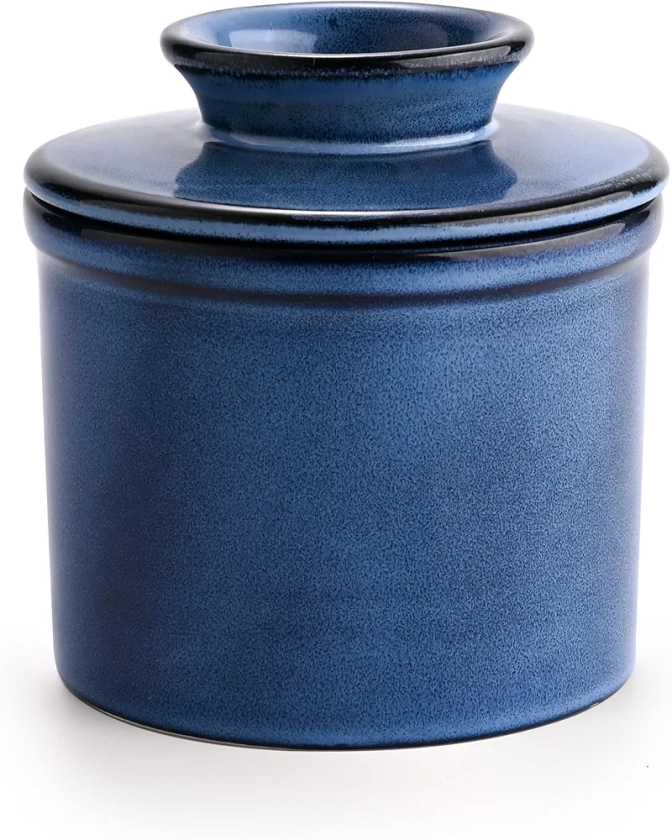 French Butter Dish, Butter Crock for Counter with Water Line, Ceramic Butter Keeper for Spreadable Butter - Chrismas Gift Home Kitchen Decor - Reactive Glaze Collection - Ocean Blue