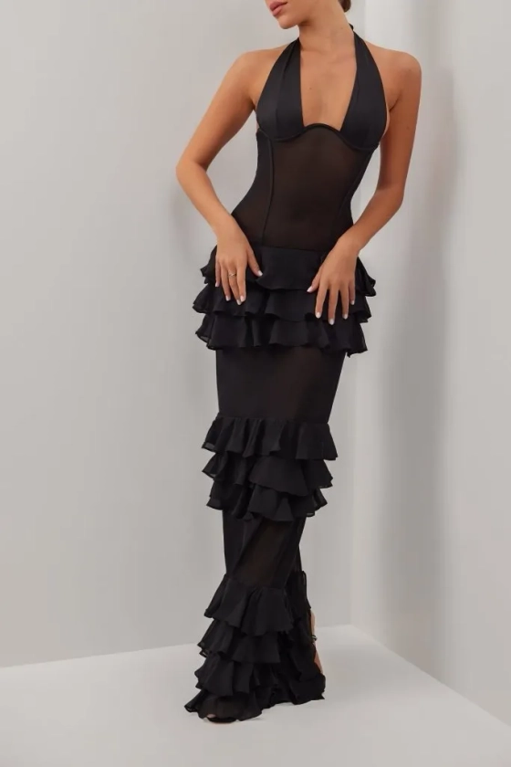 Black peekaboo sheer ruffle maxi dress