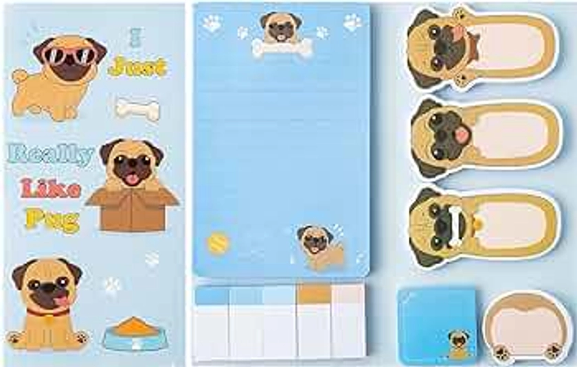 I Just Really Like Pug Sticky Notes Set, 550 Sheets, Cute Cartoon Pug Self-Stick Notes Pads Animal Divider Tabs Bundle Writing Memo Pads Page Marker School Office Supplies Small Gift