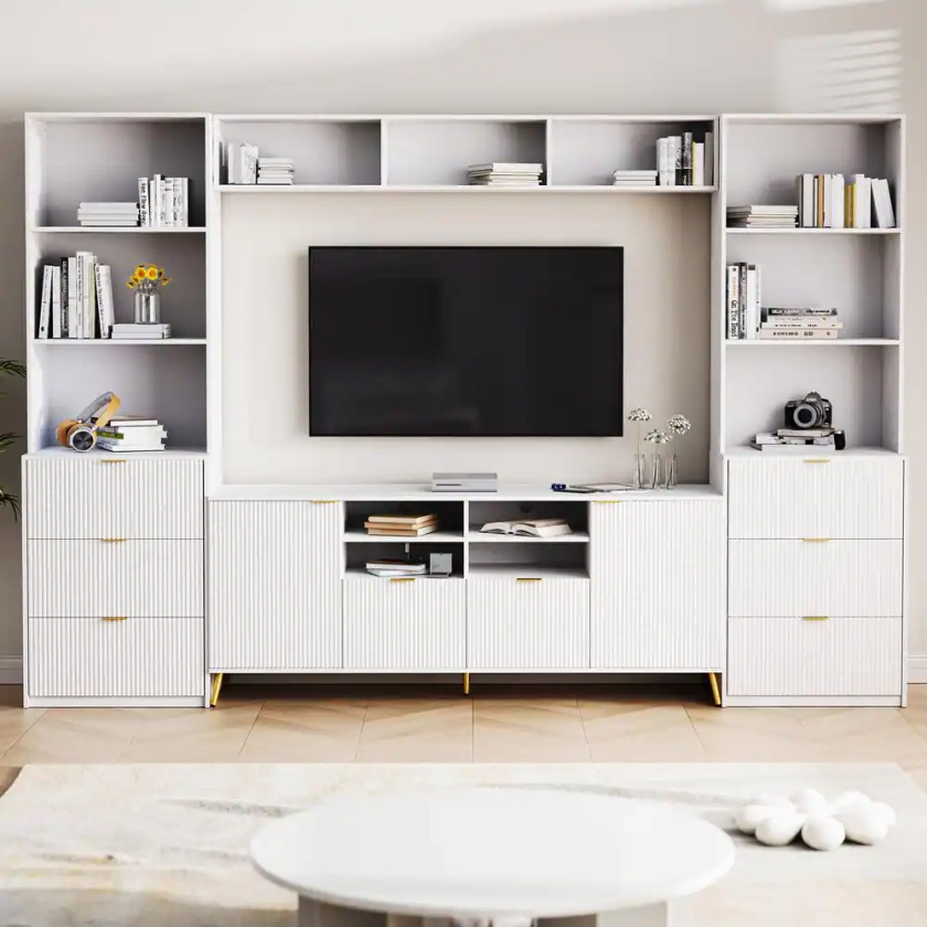 Harper & Bright Designs Modern White 4-Piece Entertainment Center Fits TVs up to 70 in. with 13 shelves, 8 Drawers and 2 Cabinets WC023AAK - The Home Depot