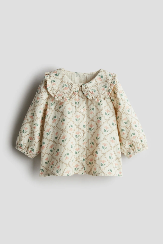 Blouse en denim - Encolure ronde - Manches longues - Crème/fleuri - ENFANT | H&M FR