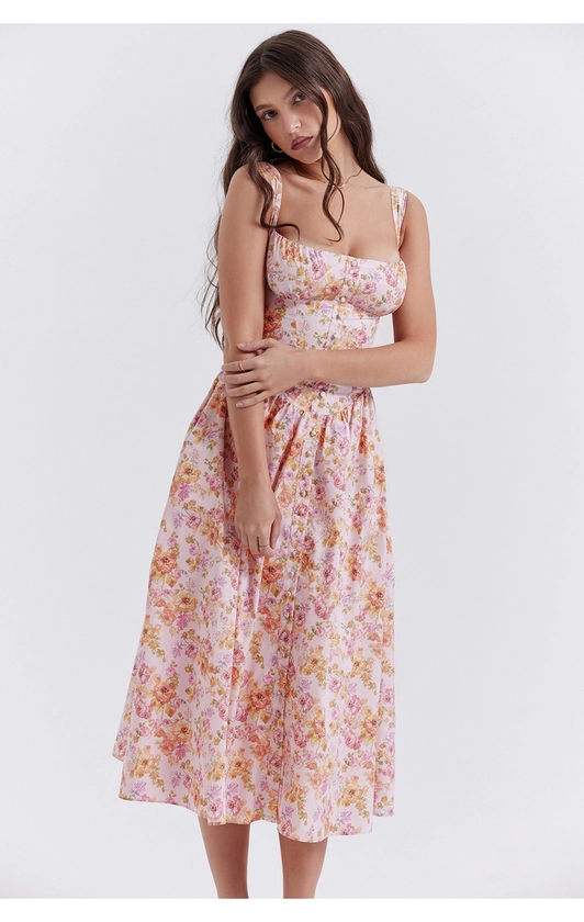 Clothing : Midi Dresses : 'Tatiana' Pink Print Midi Sundress