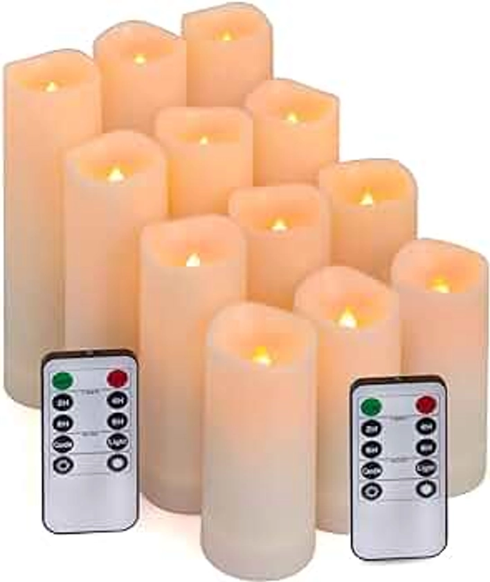 Aignis Flameless LED Candles with 10-Key Remote & Timer, Outdoor Indoor Waterproof Battery Operated Candles for Home/Wedding Décor, Exquisite Set of 12 (D 2.2" x H 4"/5"/6"/7")