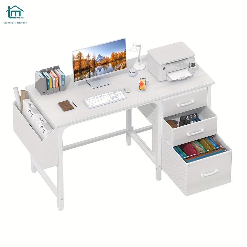 1pc Lufeiya White Computer Desk With File Drawers Cabinet, 47 Inch Home Office Desks With Fabric Filing Cabinet For Small Space, Modern Writing Table