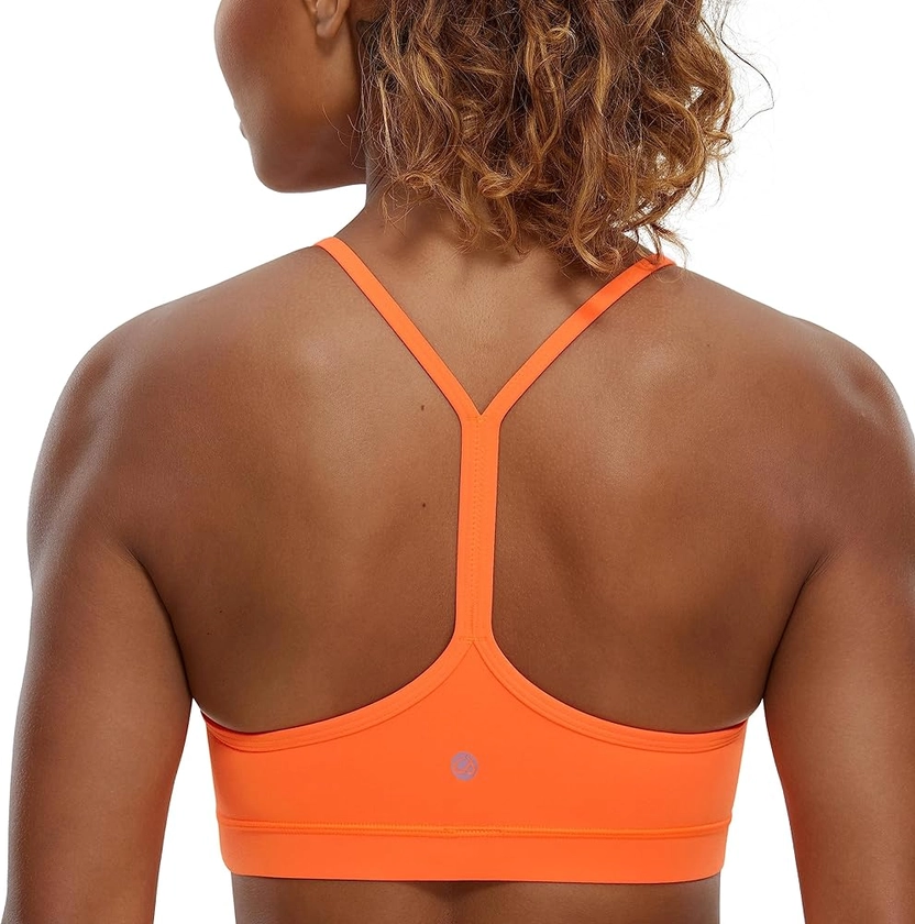 CRZ YOGA Butterluxe Womens Y Back Sports Bra - Padded Racerback Low Impact Spaghetti Thin Strap Workout Yoga Bra Neon Orange Small at Amazon Women’s Clothing store
