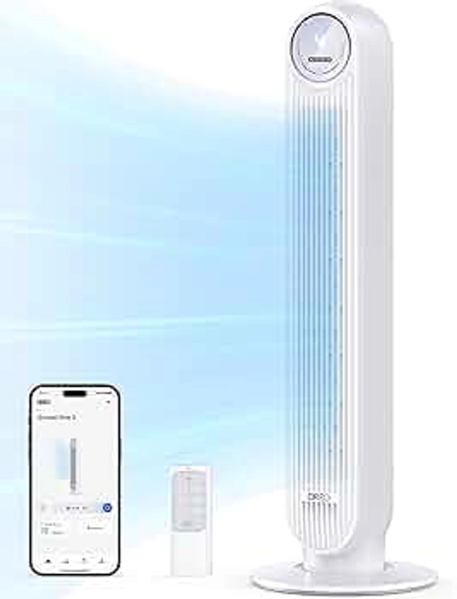 Dreo Tower Fan for Bedroom, 25ft/s Smart Standing Fans, 90° Oscillating Floor Fan with 4 Modes, 4 Speeds, 8H Timer, 28dB, Bladeless, Remote, 28 dB, Works with WiFi Voice Control