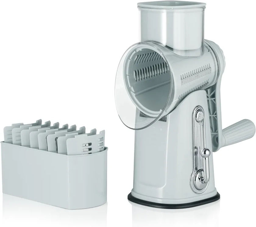 5 in 1 Rotary Cheese Grater with Handle: Stainless Steel Vegetable Slicer, Shredder, Cheese, Carrot, Cabbage Shredder (Light Grey)