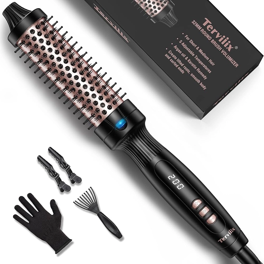 Terviiix Thermal Brush, 32mm Brosse Chauffante, Tourmaline Céramique Ionic Brosse Thermique Brushing, Brosse Brushing Chauffante, affichage numérique 5 températures Hot Brush, double voltage