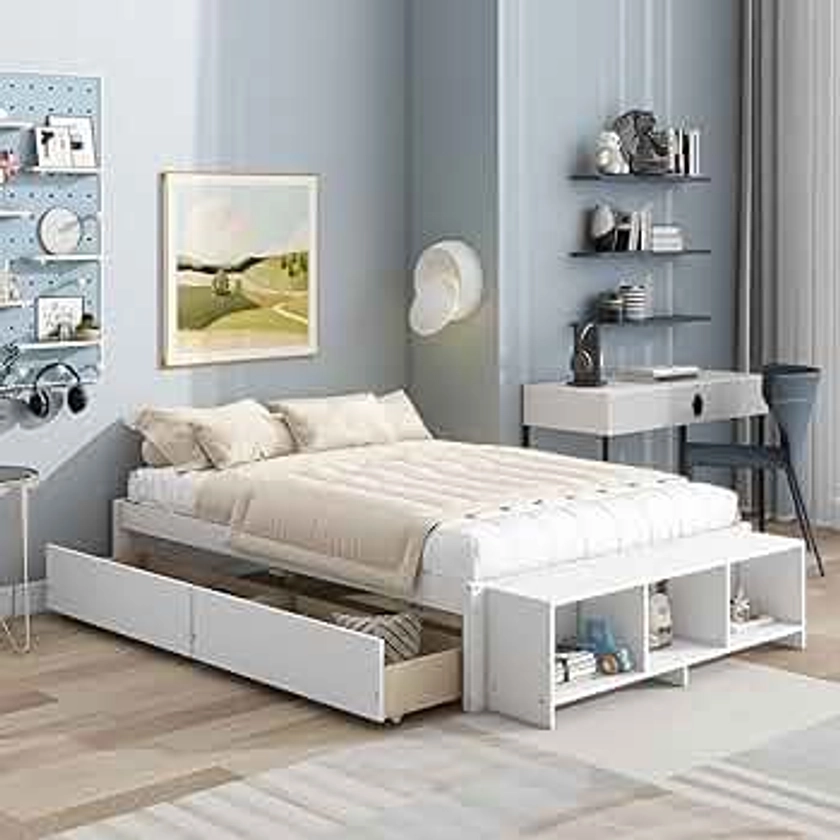 Full Size Bed Frame with 2 Storage Drawers,Full Kids Bed with Bed-end Storage Case,Solid Wood Full Bed Frame,Storage Platform Bed,No Box Spring Needed,White