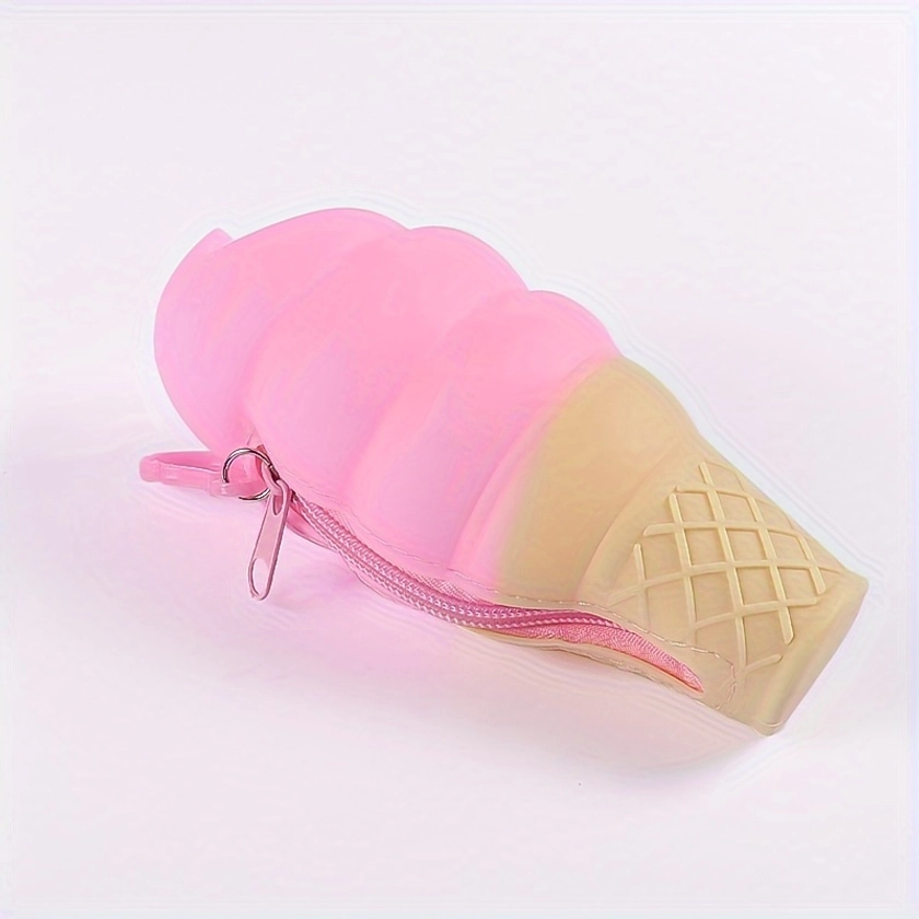 1pc Girl's Creative Cute Ice Cream Shape Silicone Material Storage Bag, Girl's Coin Purse Lanyard Portable Accessories