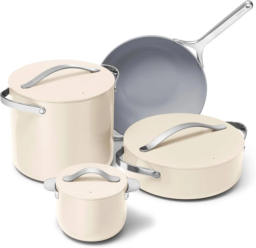 Amazon.com: Caraway Coleção Cookware + - Conjunto de panelas especiais - Panela pequena, frigideira, Rondeau e panela de estoque - 3 tampas e organizador de armazenamento incluídos - creme : Casa