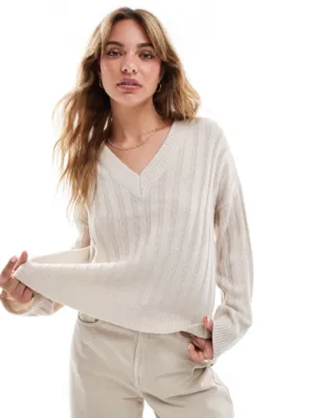 Brave Soul ribbed v-neck jumper in stone | ASOS