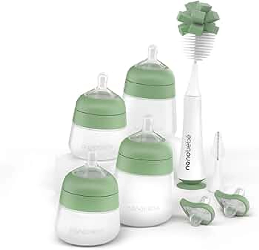 Nanobébé Silicone Baby Bottle Flexy Set with Anti-Colic Nipples, Bottle Brush and Pacifiers - 5oz and 9oz - Sage