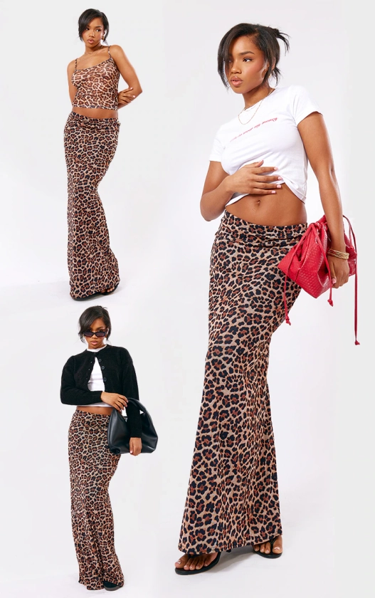 Leopard Printed Lined Mesh Maxi Skirt