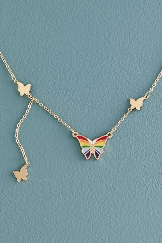 Rainbow Butterfly Lariat Necklace