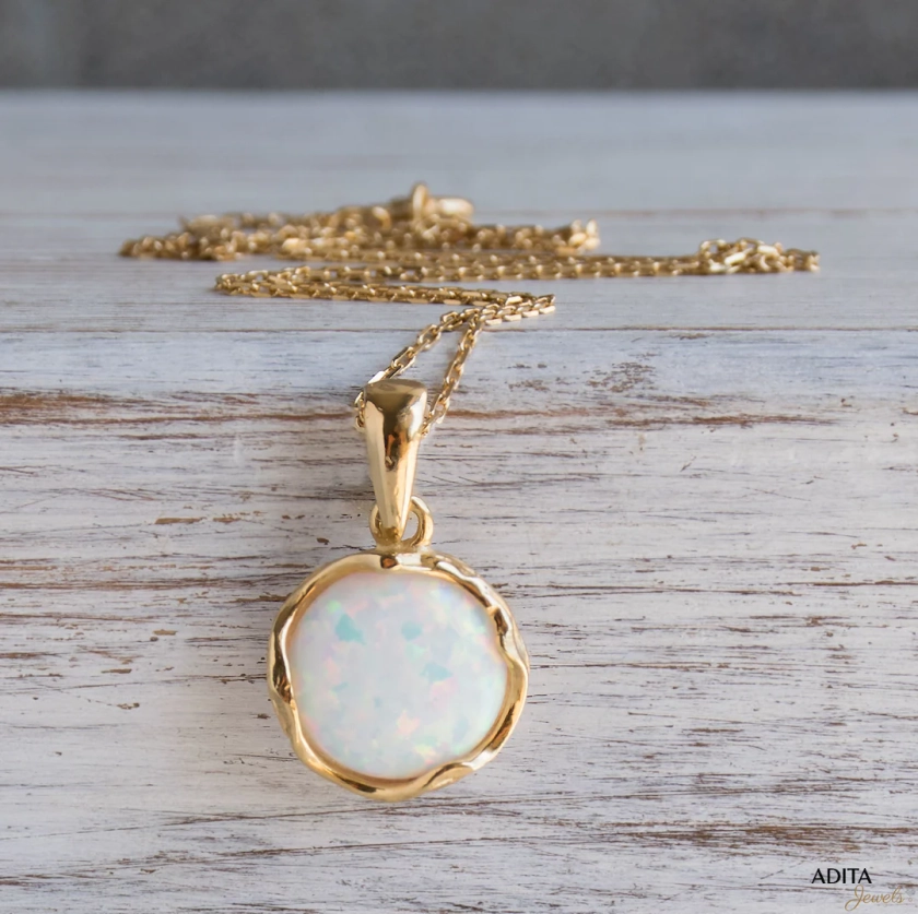 White Opal Necklace, 14K Gold Plated Silver Pendant & Necklace, 12 Mm Gemstone, Dainty Pendant, Statement Jewelry Gift for Women