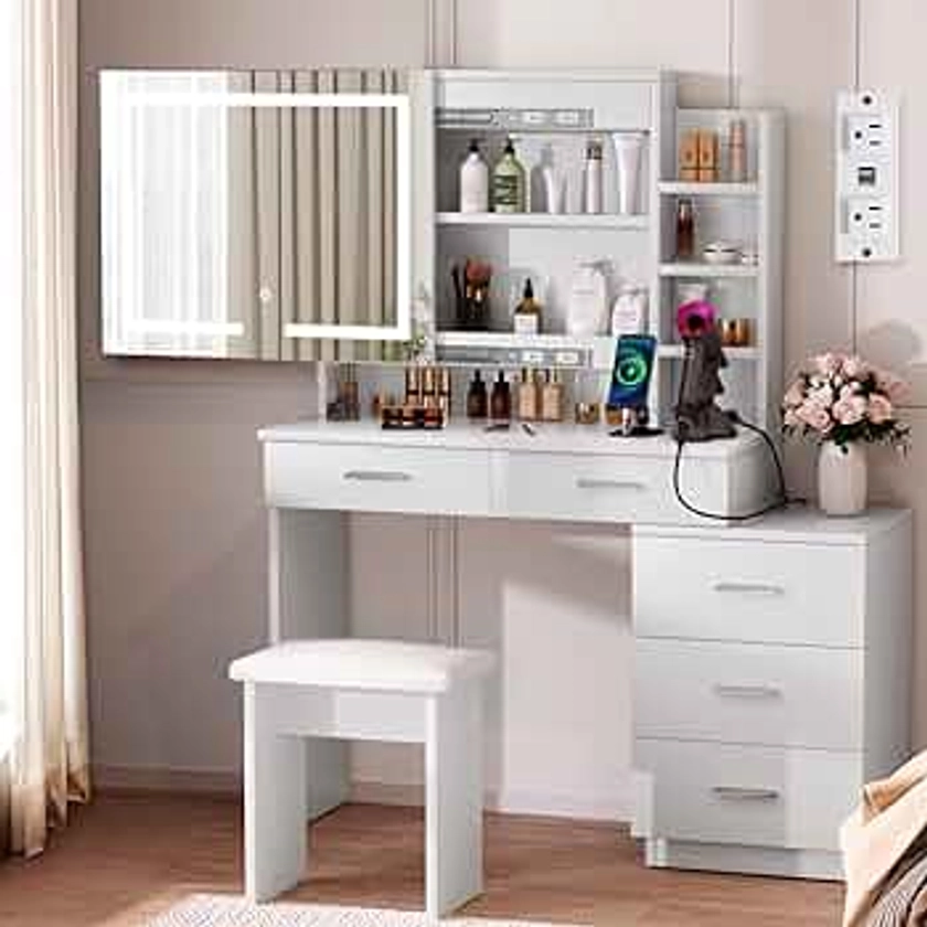 SMOOL 47-Inch Lighted Vanity Set with Sliding Mirror, 3-Drawer Chest, Shelves, and Outlet - 3 Lighting Modes