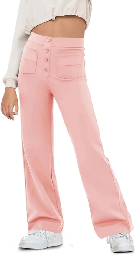 Haloumoning Girl's Flare Pants Kids High Waisted Button Multiple Pockets Yoga Bootcut Pants Full Length Bell Bottoms