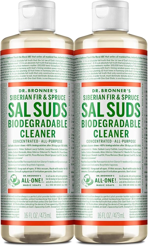 Dr. Bronner's - Sal Suds Biodegradable Cleaner (16 oz, 2-pack) - All-Purpose Cleaner, Pine Cleaner for Floors, Laundry and Dishes, Concentrated, Cuts Grease and Dirt, Powerful Cleaner