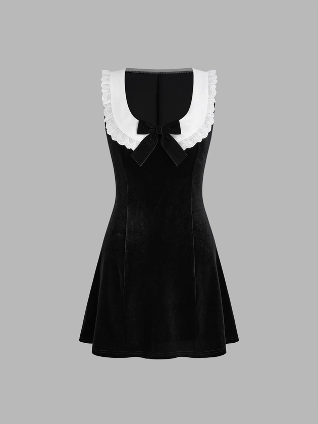 Velvet Velvet Scoop Neckline Solid Bowknot Lettuce Trim Mini Dress For Daily Casual Date