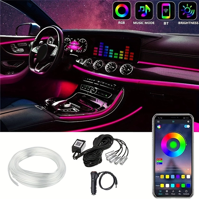 Smart Car Strip Light With Wireless APP Control, LED RGB Multicolor Ambient Lighting Kits With 236.22inch Fiber Optic, 16 Million Colors, for Car Atmo