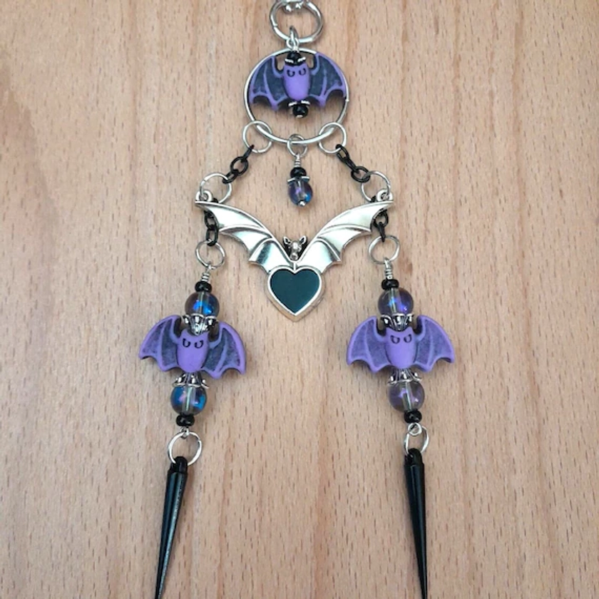 Bats Rearview Mirror Charm Goth Rearview Mirror Charm with Purple Bats and Black Heart