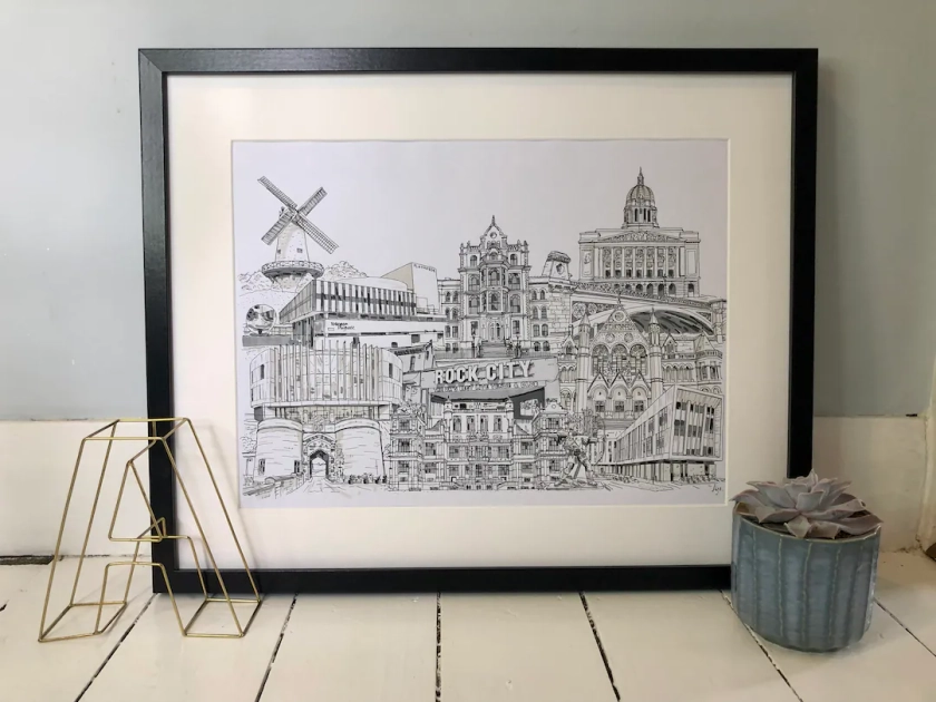 Notingham Landmarks - Notts - Nottinghamshire - Trent Bridge - Cityscape - Skyline - Art - Print - Poster - Home Decor- Travel Art