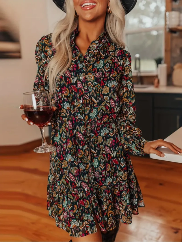 Floral Print V Neck Button Front Dress Vintage Long Sleeve - Temu