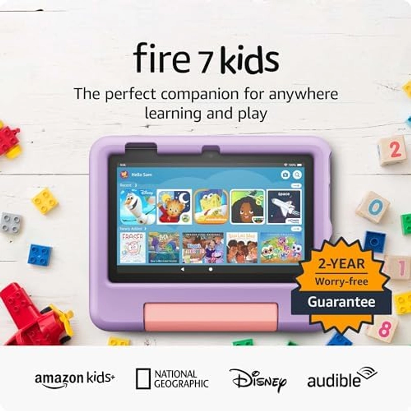 Amazon Fire 7 Kids tablet, ages 3-7 | feel good about screen time, includes thousands of ad-free books, interactive games, music and more from Amazon Kids+ | 16 GB, Purple