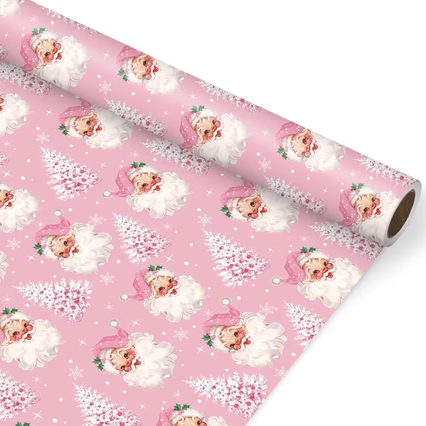 JarThenaAMCS Christmas Wrapping Paper - Mini Roll - 17 Inch x 32.8 Ft Xmas Tree Santa Claus Gift Wrap Paper Pink Art Paper for DIY Crafts Home Party Supplies